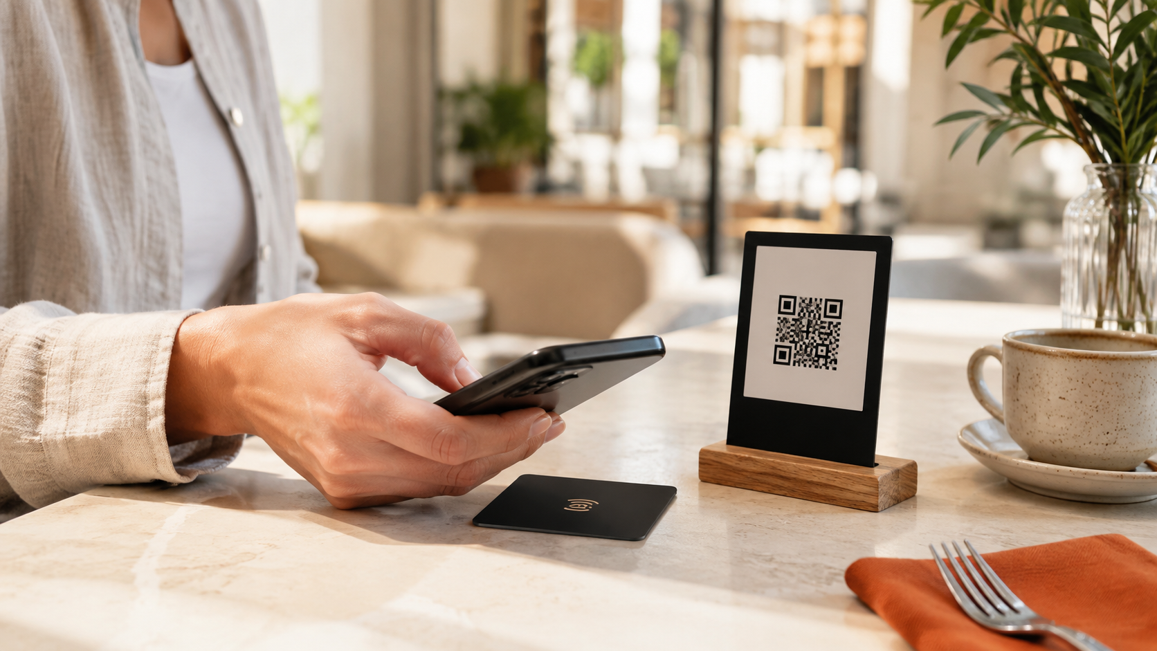 Restoran masasında NFC karta telefonla dokunma